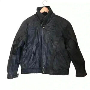 Leoni Black Leather Bomber Biker Jacket with Sherpa Lining Labeled Men's M